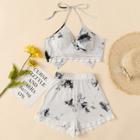 Shein Lace Hem Water Color Halter Top With Shorts
