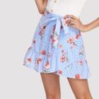 Shein Stripe And Flower Print Overlap Ruffle Skirt
