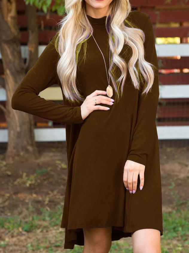 Shein Khaki Stand Collar Long Sleeve Loose Dress