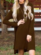 Shein Khaki Stand Collar Long Sleeve Loose Dress