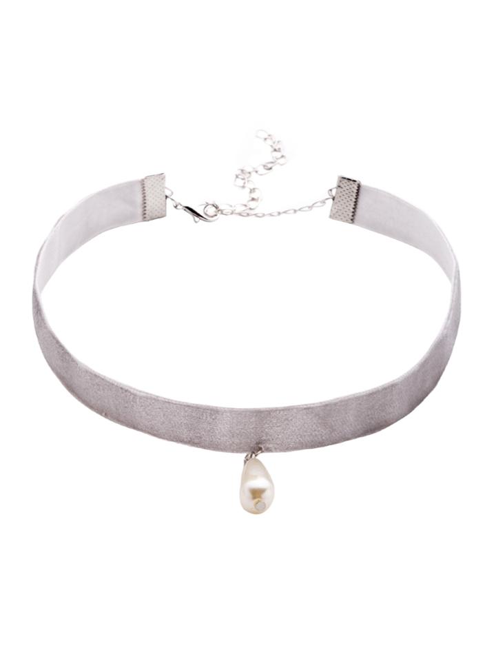 Shein Light Grey Faux Pearl Pendant Velvet Choker Necklaces
