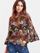 Shein Multicolor Bell Sleeve Flower Embroidered Mesh Top