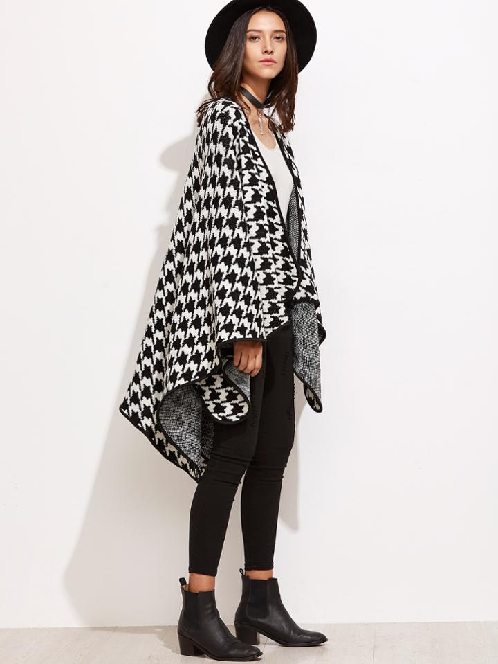 Shein Black And White Houndstooth Poncho Cardigan With Binding