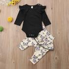 Shein Toddler Girls Frill Trim Solid Top With Butterfly Print Pants
