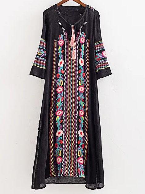 Shein Black Embroidery Split Side Fringe Keyhole Dress