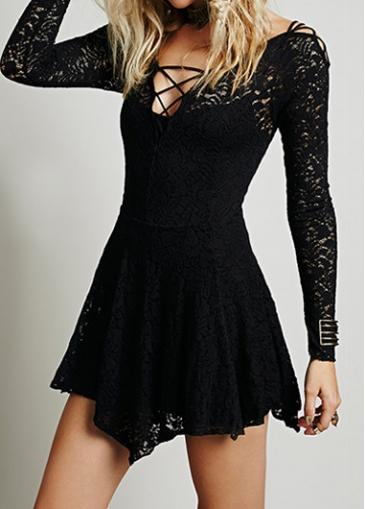 Rosewe Black Long Sleeve Asymmetric Mini Dress