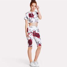 Shein Rose Print Crop Hoodie Tee With Capri Leggings