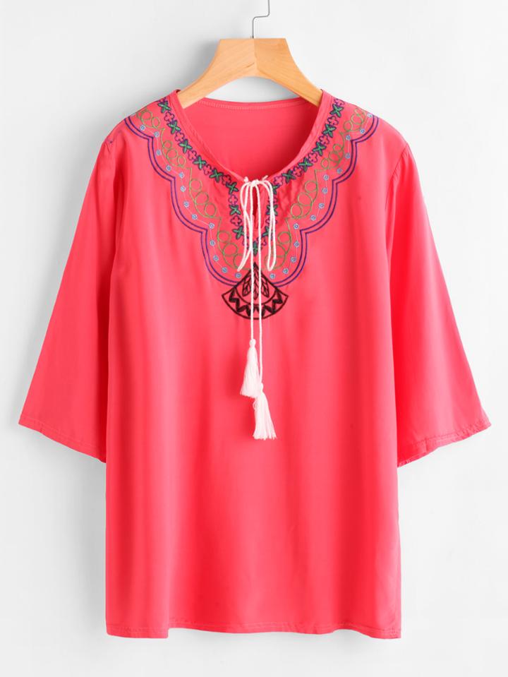 Shein Tassel Tie Neck Embroidery Blouse