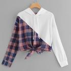 Shein Knot Front Plaid Hooded Sweatshirt
