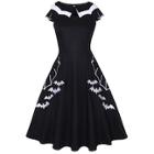 Shein 50s Bat Embroidered Contrast Binding Dress