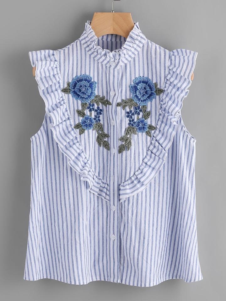 Shein Embroidered Flower Applique Frilled Yoke Striped Blouse