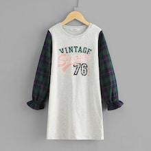 Shein Girls Plaid Sleeve Mixed Media Tee Dress