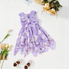 Shein Girls Bow Tie Front Hanky Hem Ditsy Dress