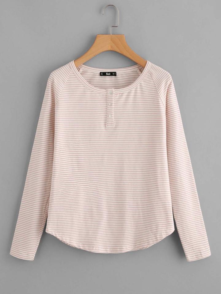 Shein Buttoned Front Raglan Sleeve Striped Tee