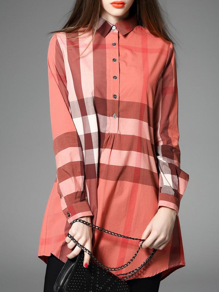 Shein Orange Color Block Plaid Shirt Dress