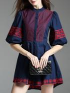 Shein Navy Puff Sleeve Embroidered A-line Dress