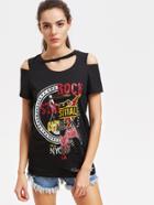 Shein Graphic Print Distressed Open Shoulder Tee
