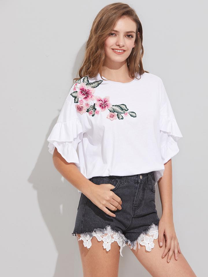 Shein Embroidered Flower Applique Drop Shoulder Ruffle T-shirt