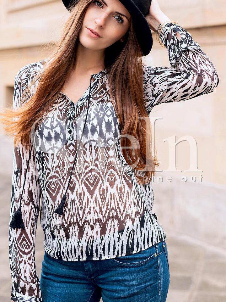 Shein Drawstring Neck Folk Print Blouse