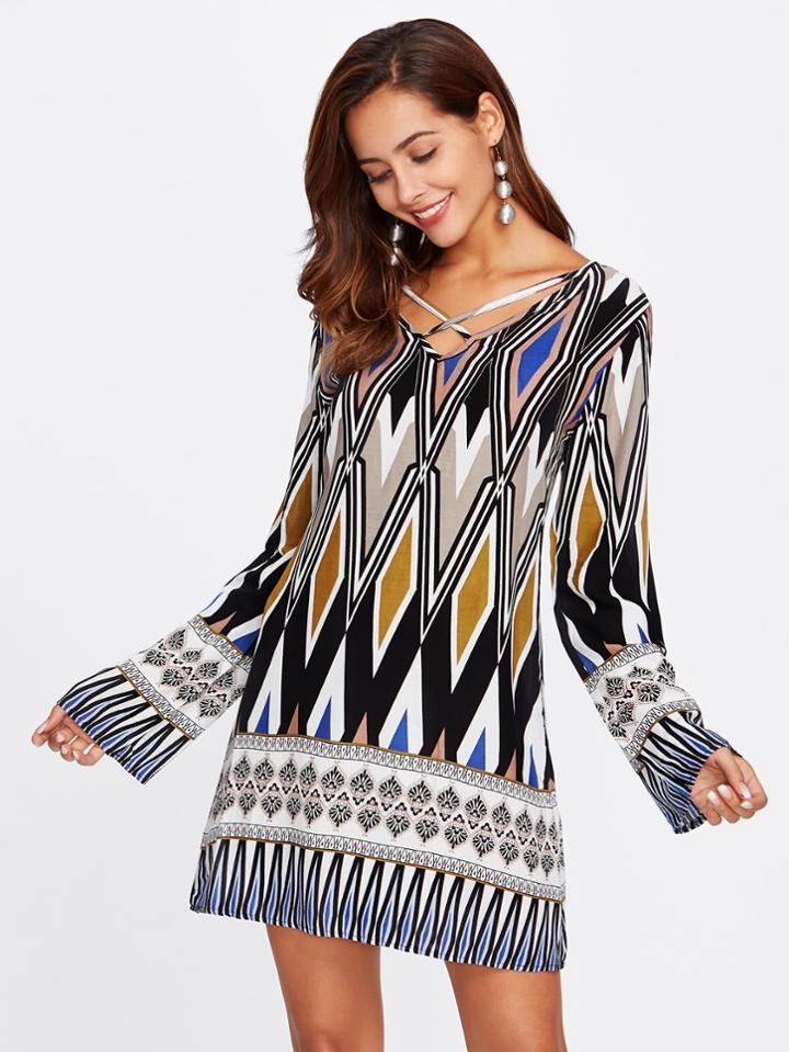 Shein Geo Print Criss Cross Front Dress