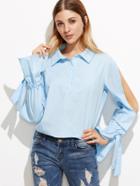 Shein Blue Button Front Split Sleeve Drawstring Cuff Blouse