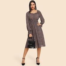 Shein Square Neck Shirred Waist And Cuff Floral Dress