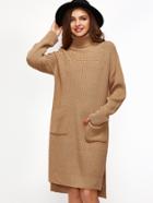 Shein Apricot Turtleneck Pocket Front High Low Slit Sweater Dress