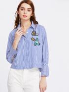 Shein Vertical Striped Hidden Placket Embroidery Blouse