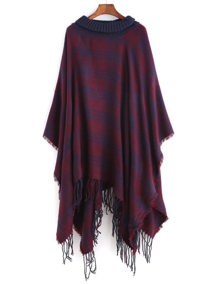 Shein Tartan Plaid Turtleneck Fringe Poncho Coat