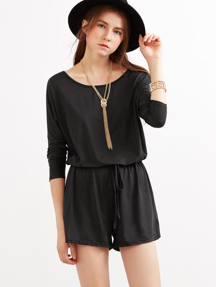 Shein Black Drawstring Waist Keyhole Back Romper