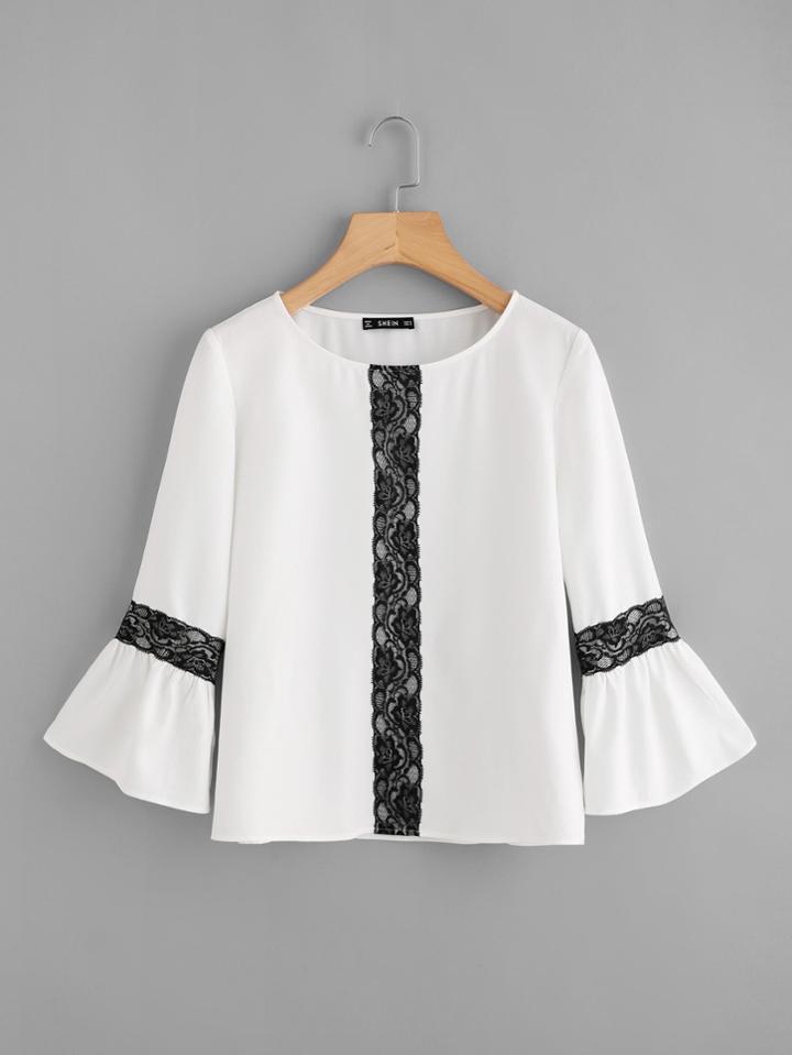 Shein Contrast Lace Applique Bell Sleeve Top