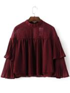 Shein Burgundy Pleated Lace Detail Layered Blouse