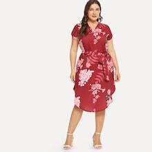 Shein Plus Self Tie Waist Curved Hem Dress