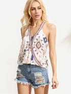 Shein White Tribal Print Top With Embroidered Tape Detail