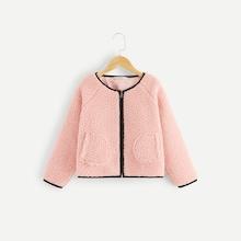 Shein Girls Raglan Sleeve Contrast Trim Teddy Jacket