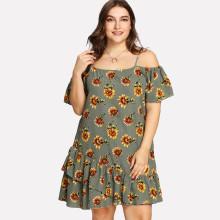 Shein Plus Sunflower Print Ruffle Hem Dress