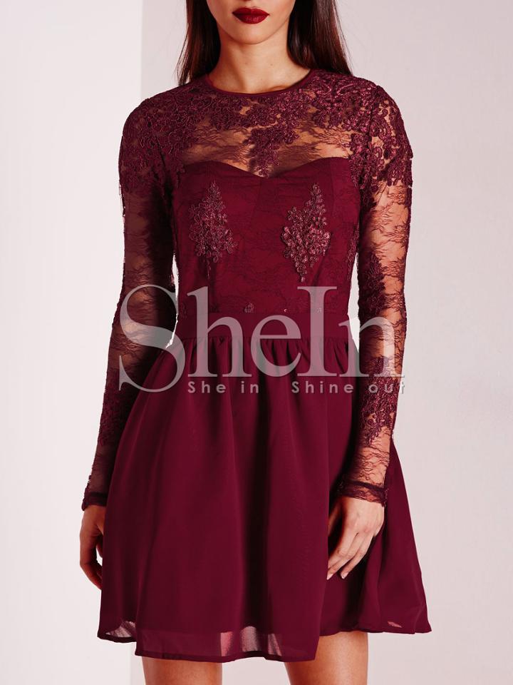 Shein Burgundy Crew Neck Applique Pouf Dress