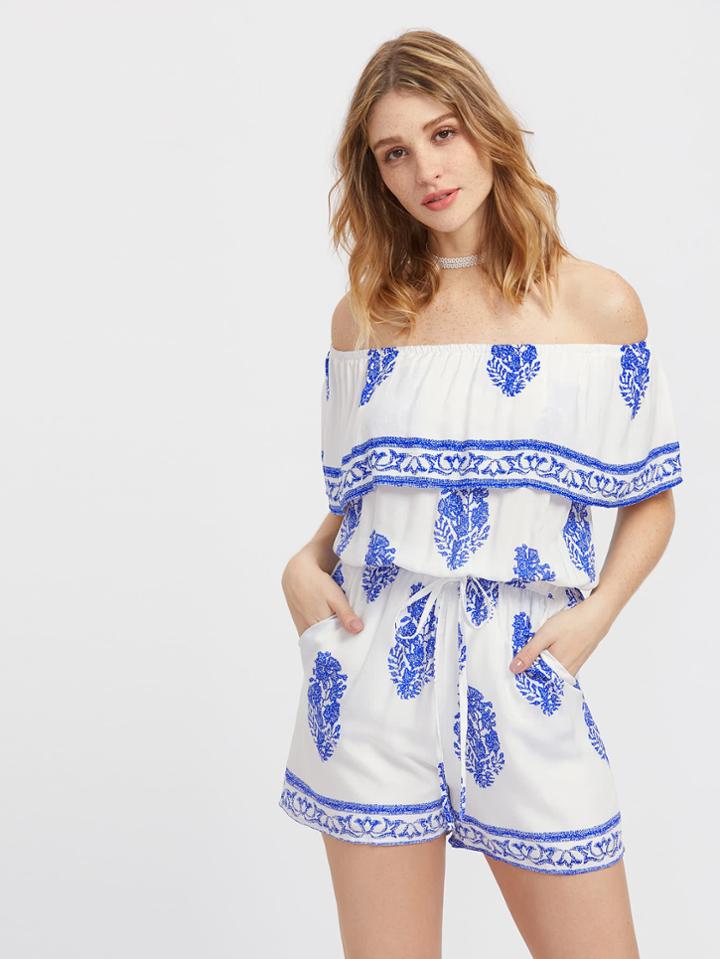 Shein Flounce Layered Neckline Printed Drawstring Romper