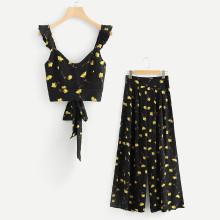Shein Floral Print Tie Back Top & Wide Leg Pants