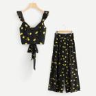 Shein Floral Print Tie Back Top & Wide Leg Pants