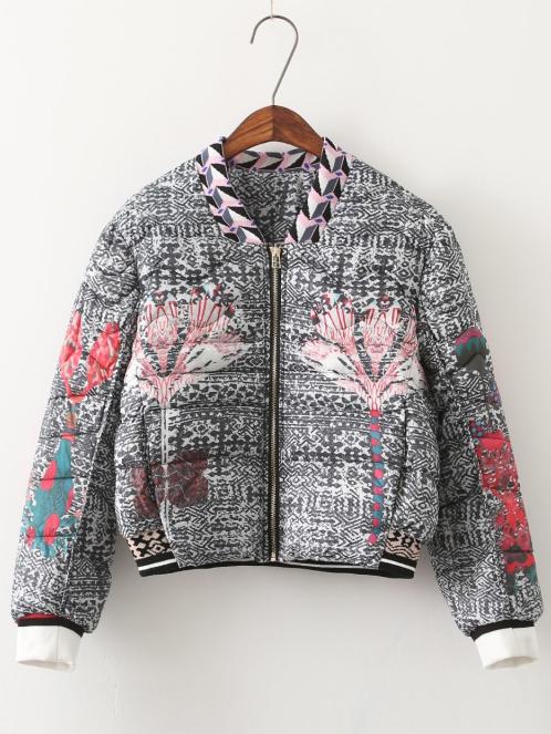 Shein Colour Stand Collar Floral Crop Jacket