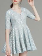 Shein Blue V Neck Mesh Zigzag A-line Dress