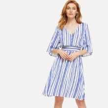 Shein Half Placket Shirred Waist Striped Dress