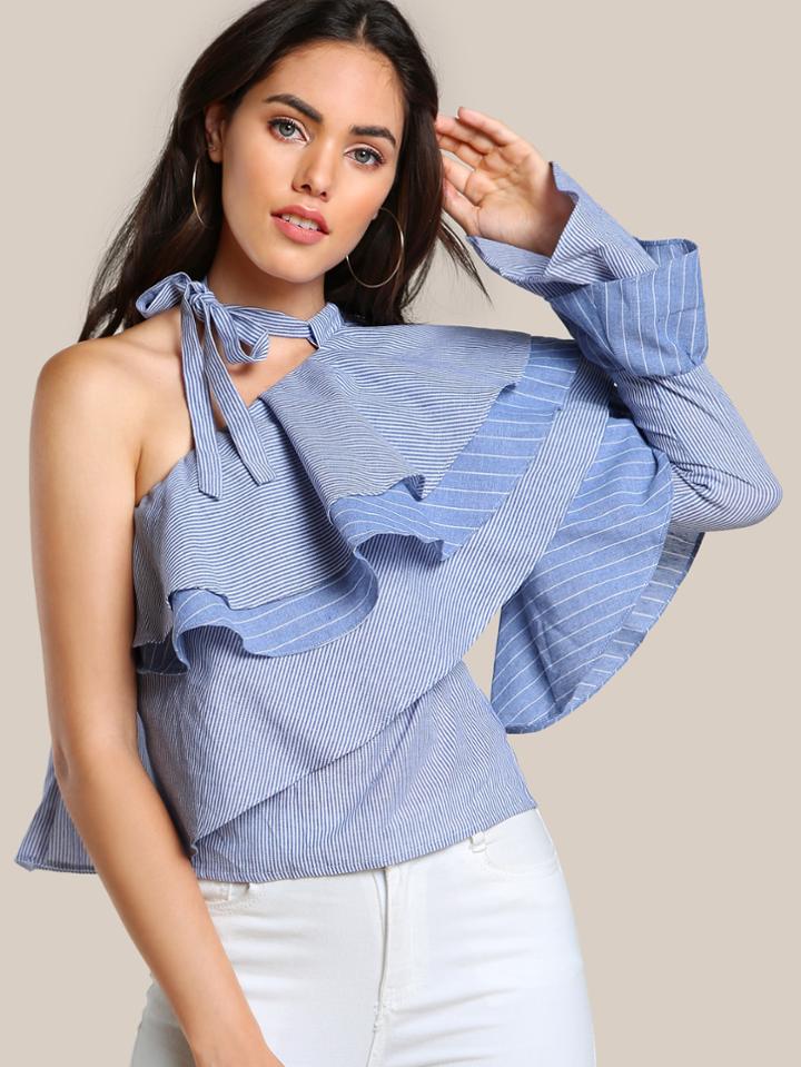 Shein One Shoulder Layered Ruffle Mixed Stripe Top