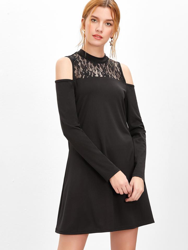 Shein Black Floral Lace Neck Cold Shoulder A Line Dress