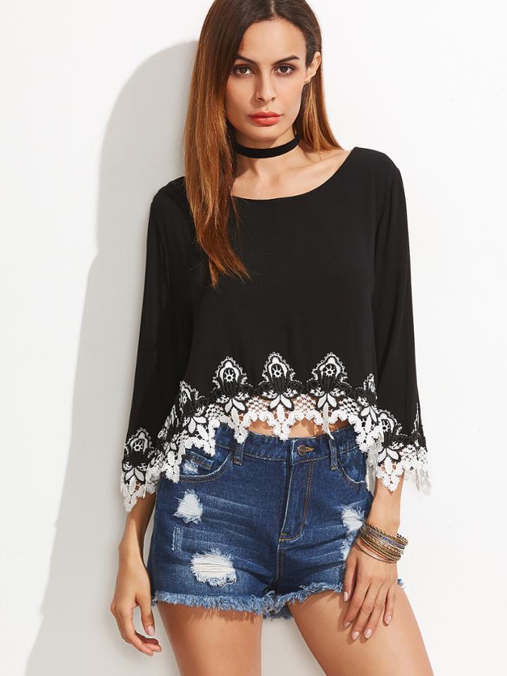 Shein Black Contrast Crochet Trim Split Back High Low Top