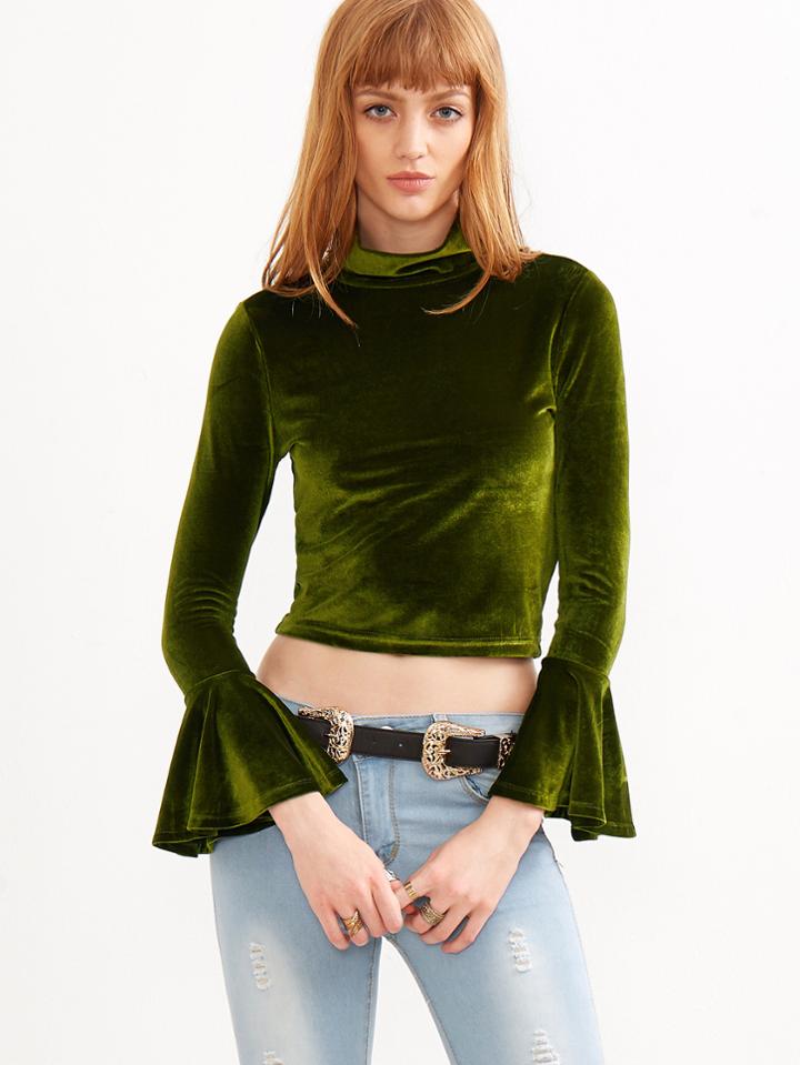 Shein Mock Neck Bell Cuff Crop Velvet Top