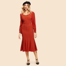 Shein Button Front Pleated Sweetheart Dress