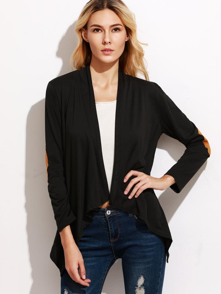 Shein Black Elbow Patch Drape Front Asymmetric Coat