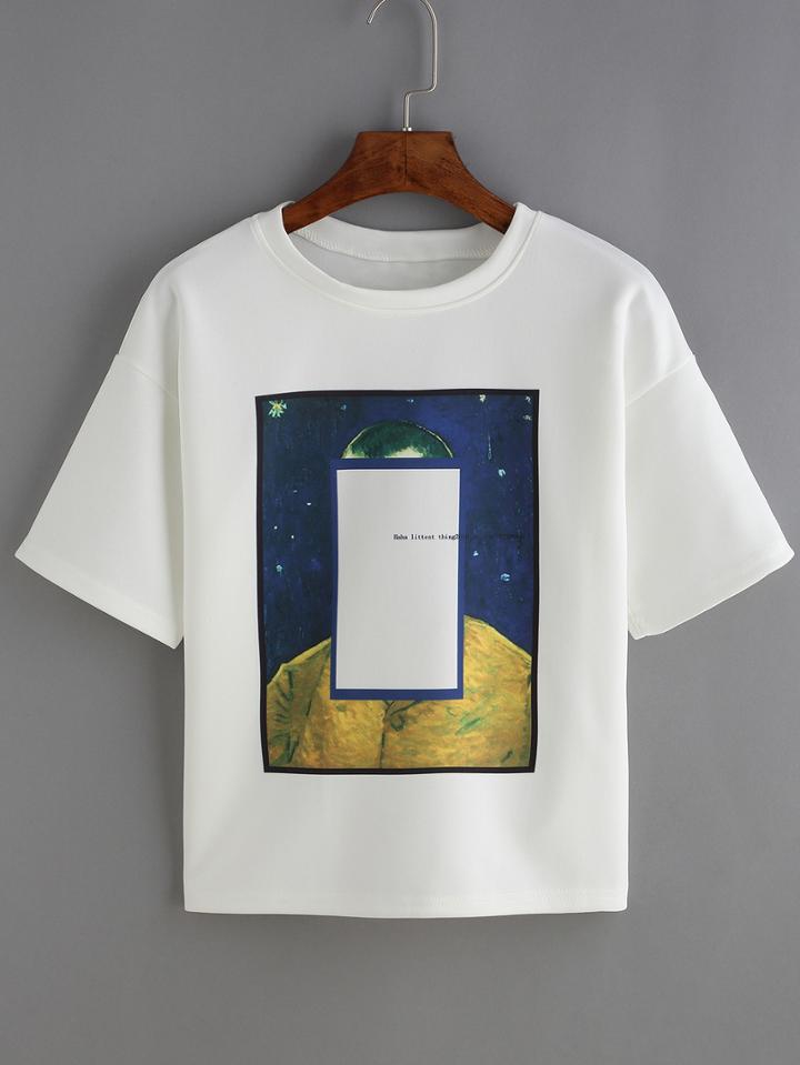 Shein White Crew Neck Print T-shirt